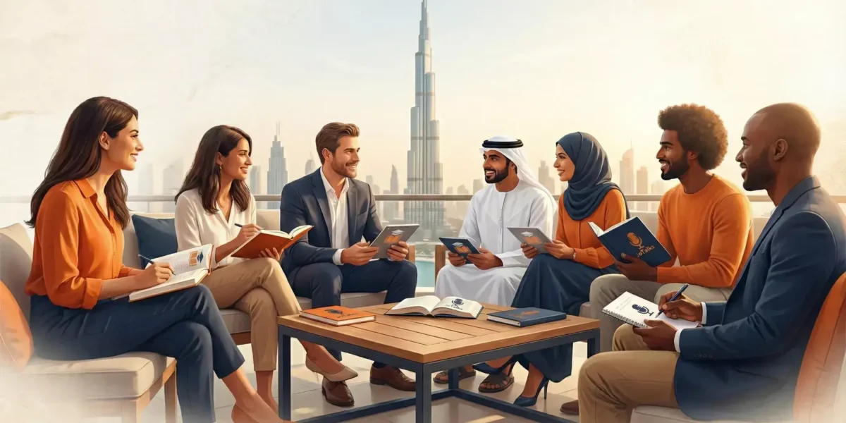 مجموعة متنوعة من الوافدين يتعلمون اللغة الإنجليزية في دبي أمام برج خليفة - معهد JoTalks